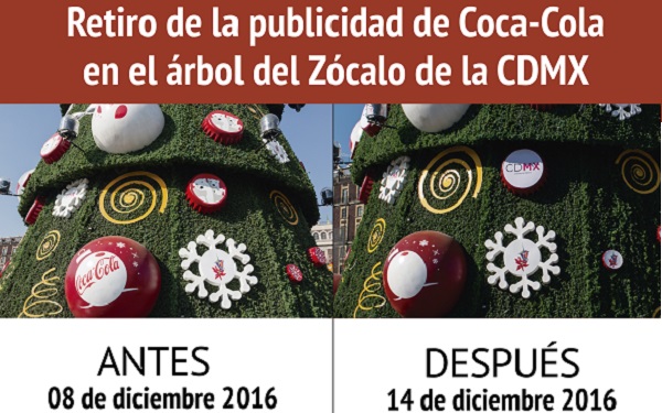 Retiran publicidad de Coca-Cola del árbol de navidad del Zócalo de la CDMX ante protestas